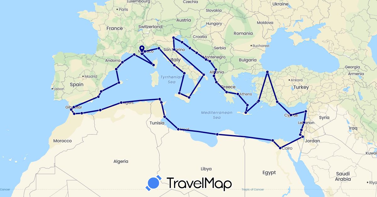 TravelMap itinerary: driving in Albania, Cyprus, Algeria, Egypt, Spain, France, Gibraltar, Greece, Croatia, Israel, Italy, Lebanon, Libya, Morocco, Montenegro, San Marino, Syria, Tunisia, Turkey (Africa, Asia, Europe)